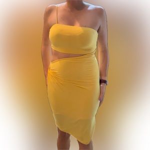 Mocking Jay, size Small, yellow two-piece connected on 1 side and 1 strap.